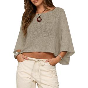 Saodimallsu Womens Batwing Short Sleeve Sweater Crop Tops Lightweight Oversized Boat Neck Crochet Knit Cover Ups, Small