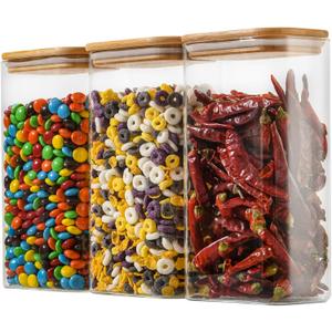 56oz Rectangle Airtight Glass Storage Containers with Bamboo Lids (Set of 3), Square Food Storage Jar, Pantry Organizers for Oats, Cereal, Pasta and Coffee beans (with Black Lable)