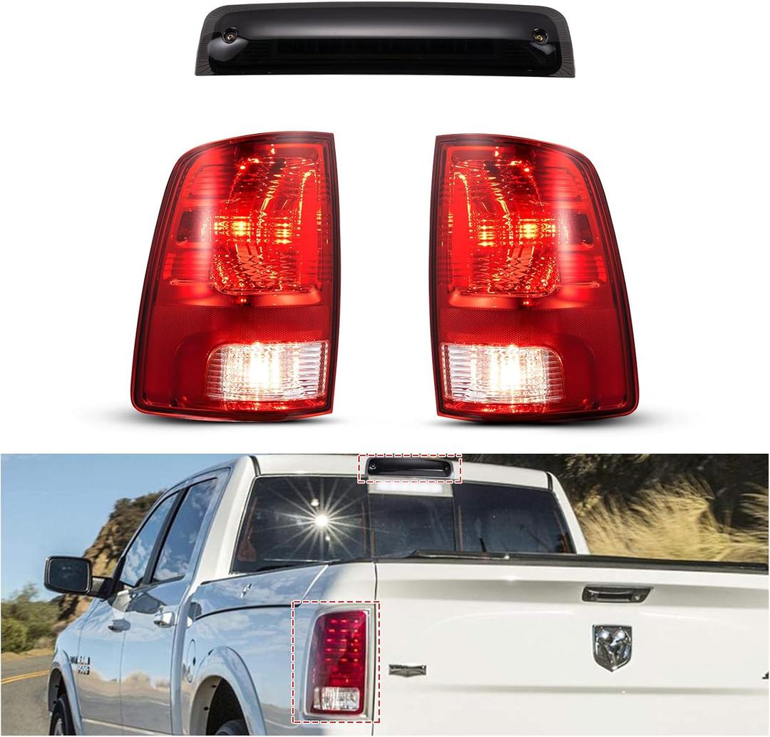 HAKA TOUGH Tail Lights for 2009-2018 Dodge Ram 1500 2500 3500 Accessories with 3rd Third Brake Light, Pickup Truck Taillight OE Style Rear Tail Light with Bulb for Dodge Ram 1500, Red Lens,3PCS.