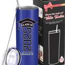 Patelai Class of 2025 Graduate Travel Mug for Her Him, Inspirational Graduation Gifts for College High School Student, 20 oz Insulated Water Tumbler with Straw Lid Brush(Dark Blue)