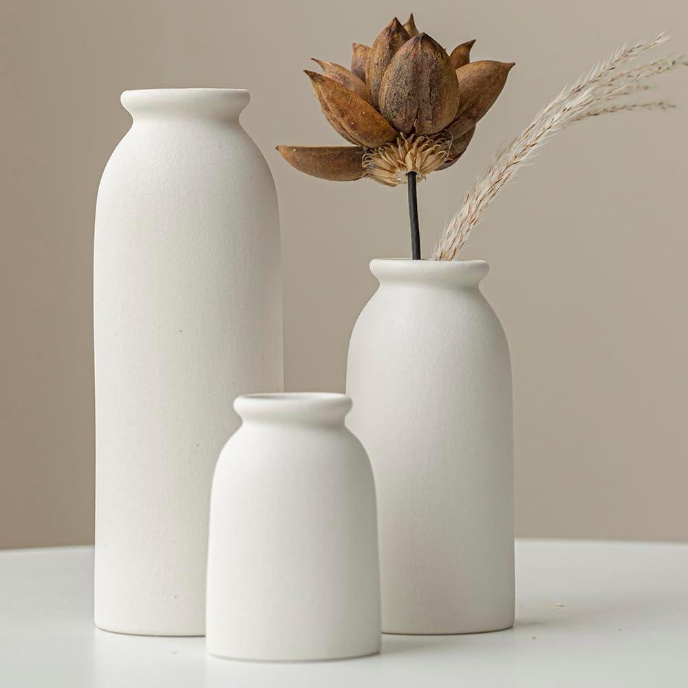 Ceramic Vase Set-3, Small Flower Vases for Decor, Modern Boho Farmhouse Style, Decorative Vases for Pampas Grass & Dried Flowers, Distressed Finish (White)