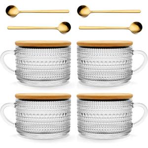 Today's Present 4pcs Vintage Glass Coffee Mugs Gifts for Women, Overnight Oats Containers With Bamboo Lids and Spoons, 14oz Clear Embossed Drinking Glass Cups, Tea Cups, Iced Coffee Glasses