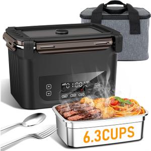 2026 Upgraded Cordless Electric Lunch Box for Adults, XL 6.3-Cup Rechargeable Heated Lunch Box with 20,800mAh, Self-heating Food Warmer for Construction, Travel & Office (Black)