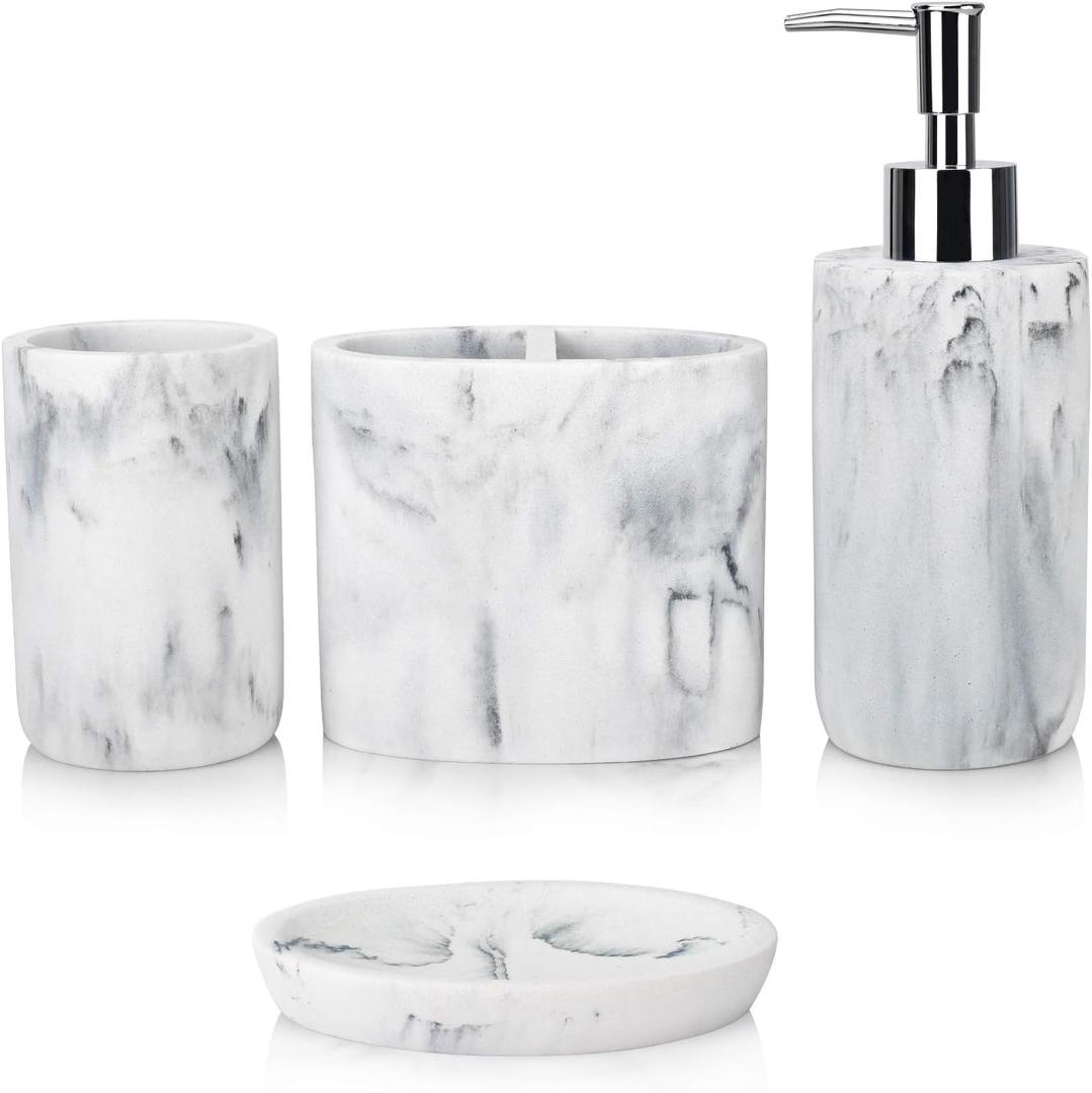L'ARL GMVOI Bathroom Accessories Set,4 Pieces Marble Bathroom Vanity Countertop Accessory Set with Bathroom Toothbrush Holder Set,Soap Dispenser,Tumbler,Soap Dish for Bathroom Home Decor