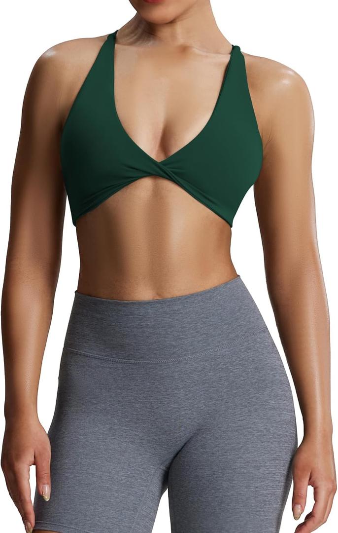 Aoxjox Women's Workout Sports Bras Fitness Backless Padded Sienna Low Impact Bra Yoga Crop Tank Top (Large, Storm Green)