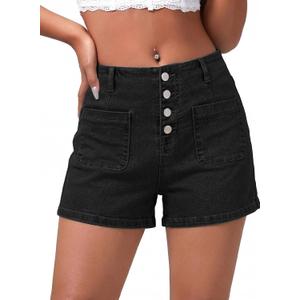 Sidefeel Women's Jean Shorts Button Fly Stretchy High Waisted Summer Outfit Denim Shorts (Black, Size 10)