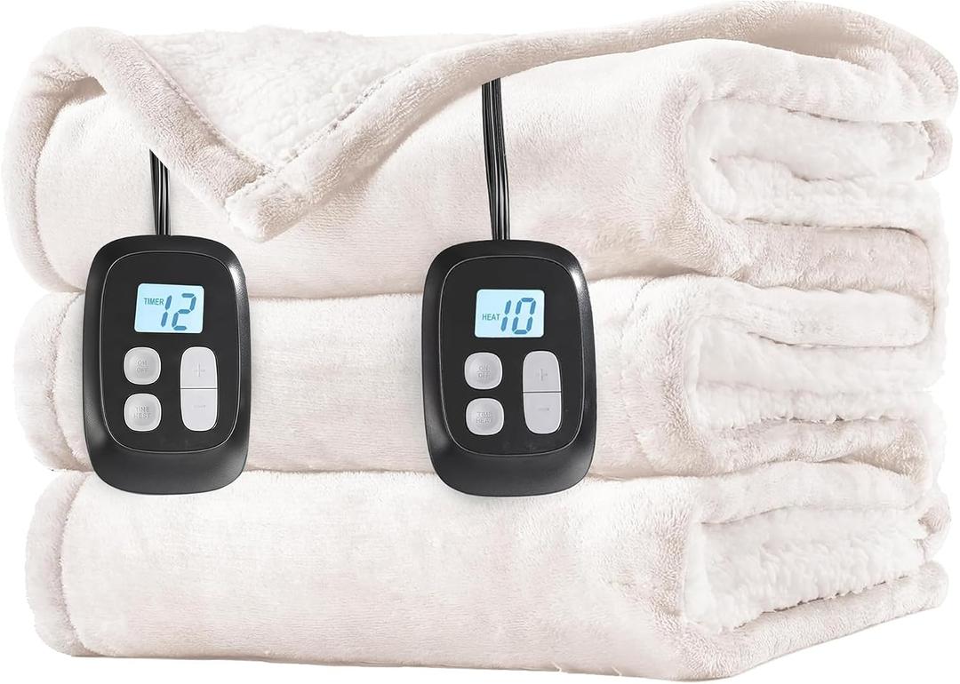 LaffyLo Electric Heated Blanket Queen Size 84 x 90, Dual Control, Fast Heating Blanket, Dual-Sided Flannel Sherpa, 10 Heat Settings, 1-12 Hour Auto Off, Machine Washable, White