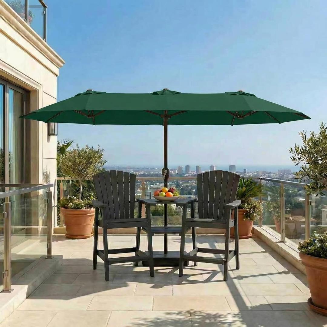 15FT Large Patio Umbrella with Base Included, Double Sided Outdoor Market Umbrella with Flexible Fiberglass Ribs, UV-Blocking Extra Large Umbrella for Garden, Pool, Deck, Forest Green