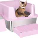 RIZZARI Open Cat Litter Box: Large Pink Stainless Steel Litter Pan with Teflon Non-Stick Coating - High Sided Splash-Proof Easy Clean Toilet for Cats up to 20 lbs - Ideal for Living Rooms - Apartments