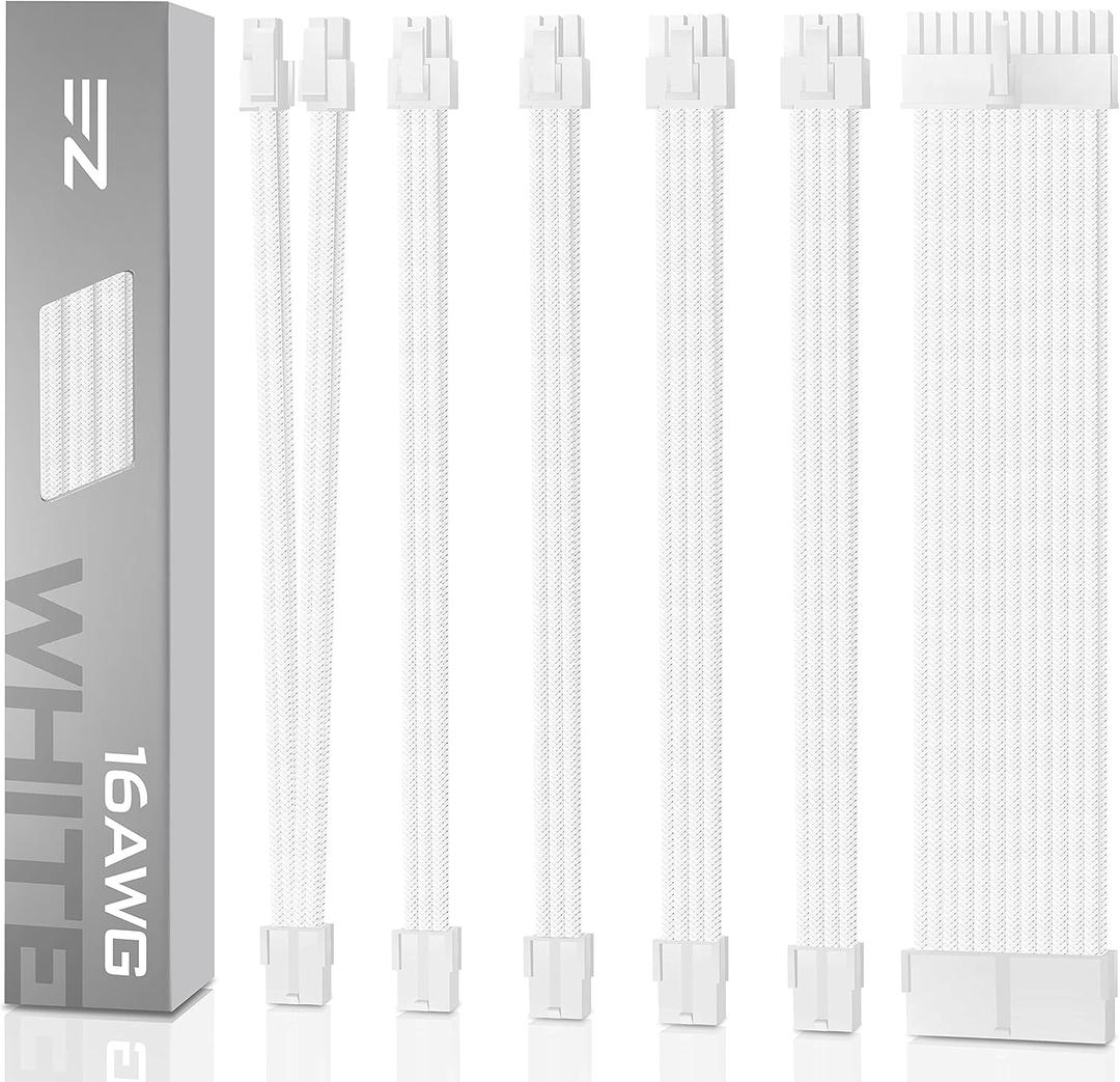 EZDIY-FAB PSU Cable Extension Kit - Sleeved Cable- Custom Power Supply Extension, 16 AWG, 24/8/6/4-PIN with White Combs