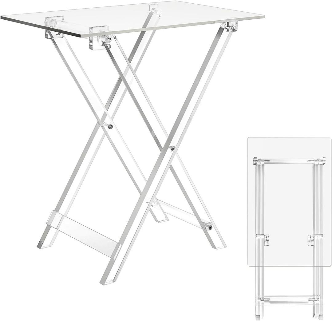 Namalu Acrylic Foldable TV Dinner Table Clear Small Folding Tray Space Saving for Eating Snack Coffee Bed Desk Living Room Kitchen Furniture Easy Assembly(No Edge,20.4 * 18.6 * 12 Inches,Transparent)