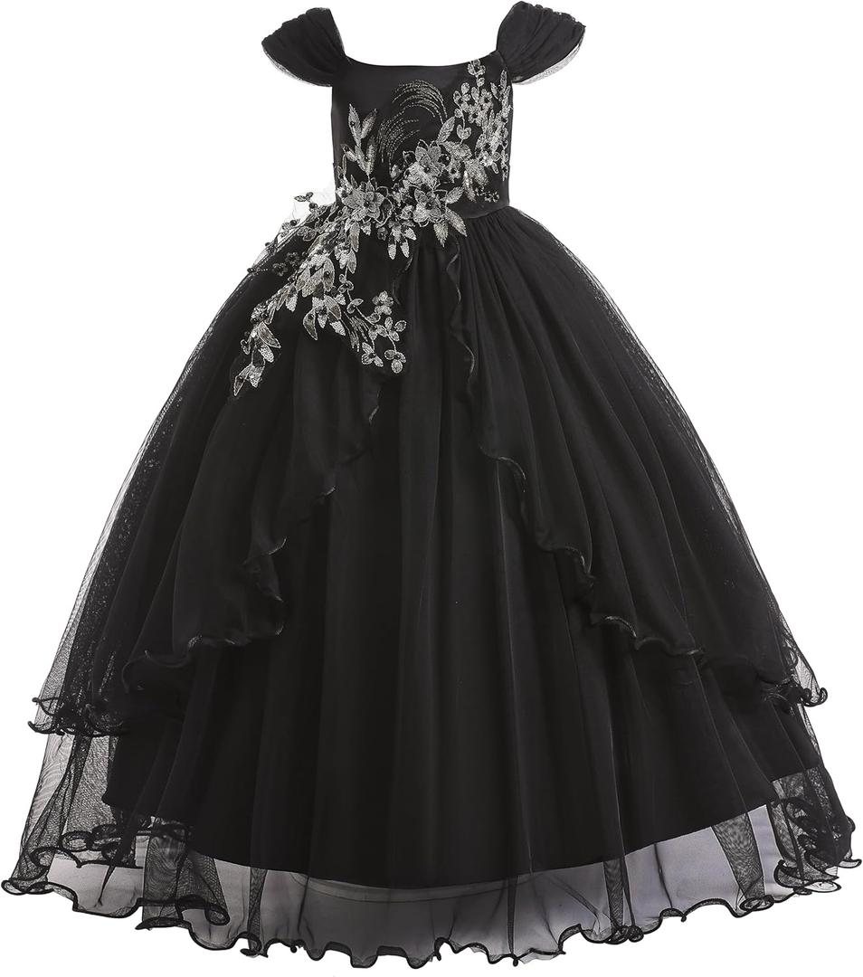 Weileenice Vintage Off The Shoulder Flower Girl Dress Lace Embroidery Little/Big Girls Wedding Bridesmaid Holiday Ballgown (7-8 Years, Classic Black)