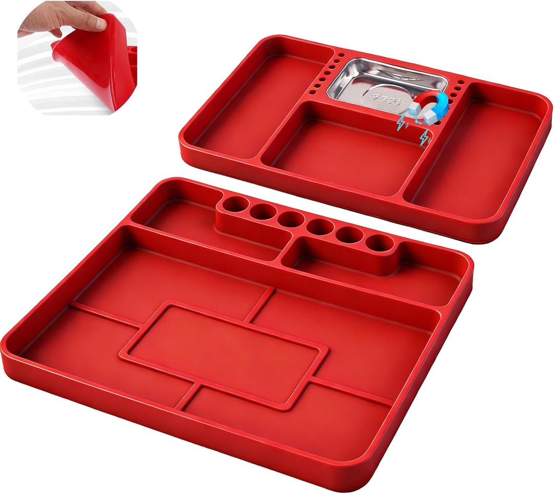 SEDY Premium Silicone Tool Tray, Automotive Non-Slip Flexible Silicone Tool Trays, Tool Organizer | 2 Piece Multi Purpose Mats with Magnetic Small parts Tray