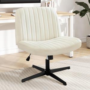 DUMOS Criss Cross Chair Legged Office Wide Comfy Desk Seat, No Wheels Armless Computer Task Seating, Swivel Vanity Home Height Adjustable (Ivory)