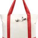 TOPDesign 6-Pack Canvas Tote Bags with an External Pocket, Reusable Grocery Shopping Bags, Top Zipper Closure, Daily Essentials (Red/Natural)