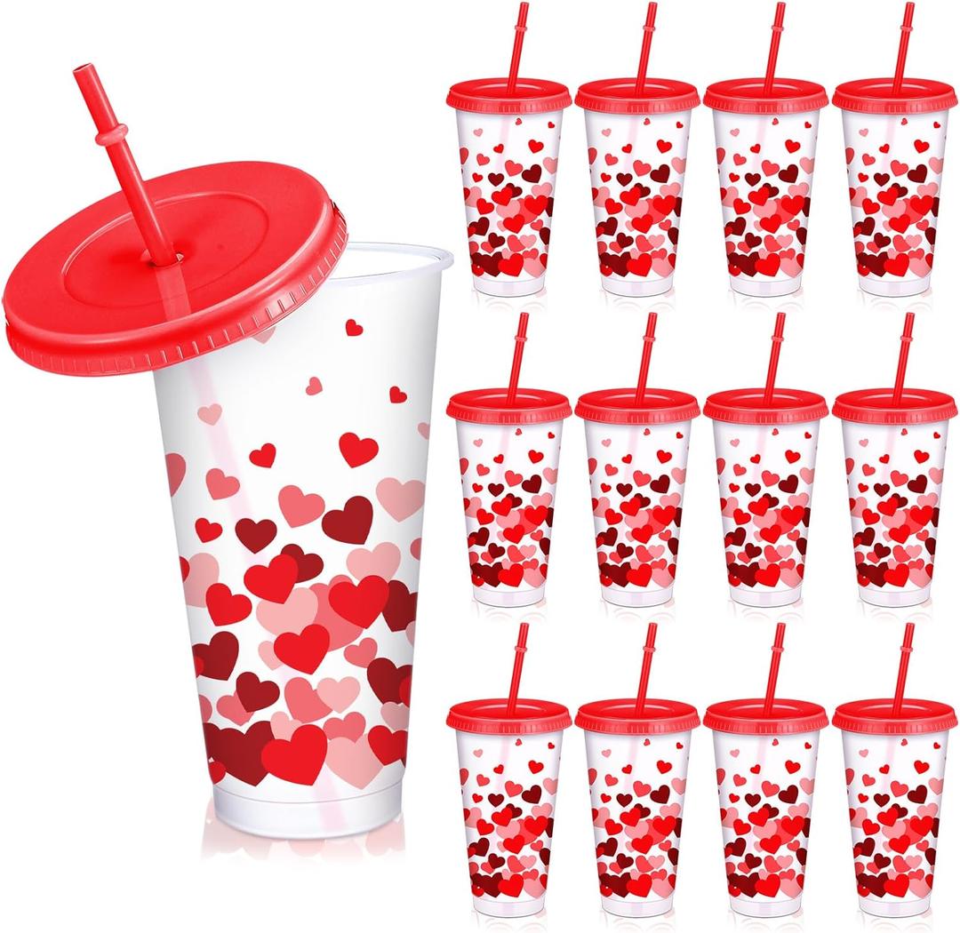 12 Pcs Valentine's Day Love Heart Plastic Cups with Lids and Straws 24 oz Reusable Valentines Tumbler Drinking Coffee Cup for Women Birthday Wedding Bridal Shower Party Supplies