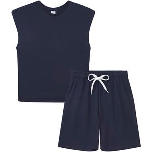 DANI CHINS Boys Loose Athletic Shirt and Shorts Set Kid Outfit with Pockets (Blue)