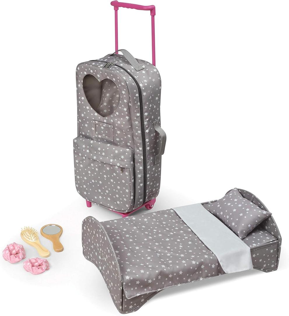 Badger Basket Travel and Tour Trolley Carrier Set for 18-Inch Dolls with Folding Bed and Accessories  Gray Stars