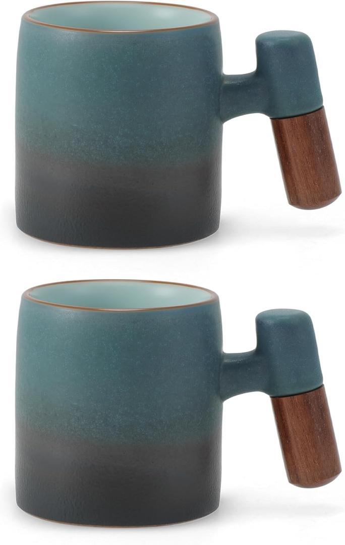 2.5oz Ceramic Espresso Cups with Wooden Handle, Porcelain Espresso Shot Cups Set of 2, Demitasse Cups for Coffee or Tea, Black, Blue