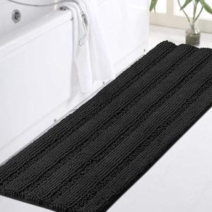 Turquoize Non Slip Black Bathroom Rug Extra Long Chenille Bath Rug 47x17 Super Water Absorbent & Soft Washable Shaggy Bath Rug for Bathroom, Black