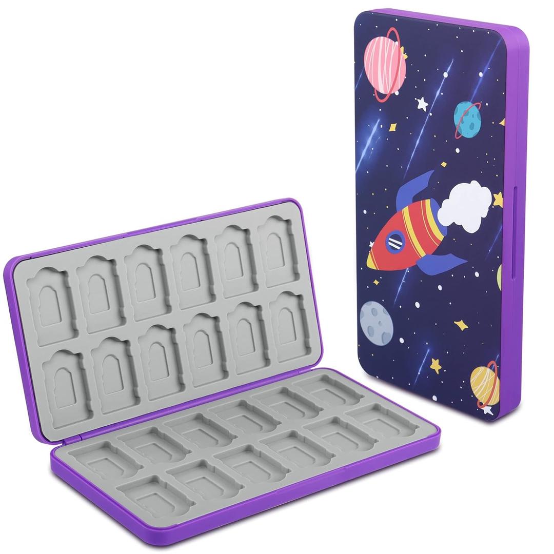 QIANRENON 24 in 1 Game Cassette Magnetic Organizer Case Micro SD Game Card Storage Case, Holds 24 Switch Card+24 MicroSD Card, Storage NDS Switch OLED Switch Lite Card, Purple (Starry Sky Pattern)