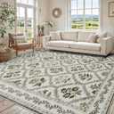 Olive Green Area Rug 8x10 Living Room Area Rugs Vintage Boho Farmhouse Green and Beige Floral Extra Large Floor Covering for Bedroom Non Slip Machine Washable Soft Carpet for Dining Room Office