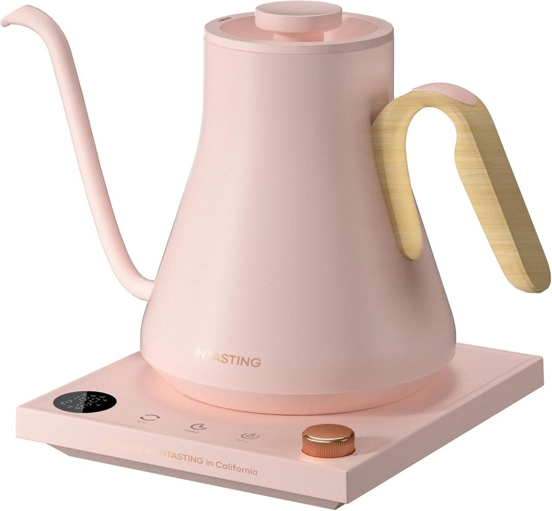 Gooseneck Electric Kettle with Precise 1 Temperature Control, Wood-Accented Handle, Stainless Steel Interior, Quick Heating Pour Over Kettle for Coffee & Tea, 0.9L, Blush Pink