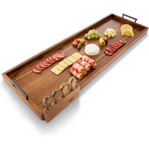 36 inch Large Acacia Wood Charcuterie Board with Metal Handles and 4 Knives Set - Wooden Serving Tray for Cheese - Long Appetizer Board for Serving Food Platter Cracker Snack