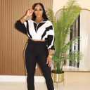 Vssjavun Women 2 Piece Outfit Color Block Long Sleeve Zip Drawstring Cropped Jacket Bodycon Long Pants Set Sweatsuit (Black, L)