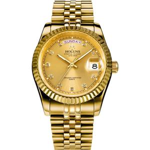 41MM Men's Gold Plated Stainless Steel Waterproof Quartz Watch Luxury Wristwatch with Date Week Display