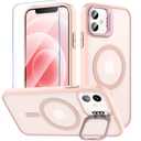 Fin2feel Magnetic for iPhone 12/iPhone 12 Pro Case with Screen Protector, Compatible with MagSafe, Built-in Stash Stand Phone Case Anti-Scratch Shockproof Cover for iPhone 12/12 Pro(Translucent Pink)