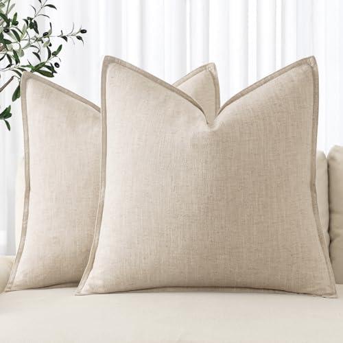 MIULEE Decorative Linen Pillow Covers 24x24 Inch Natural Beige ​Boho Farmhouse​ ​Neutral Couch Throw Pillows for Bed Pack of 2 Accent Outdoor Pillowcase Modern Sofa Cushion Livingroom Home Decor