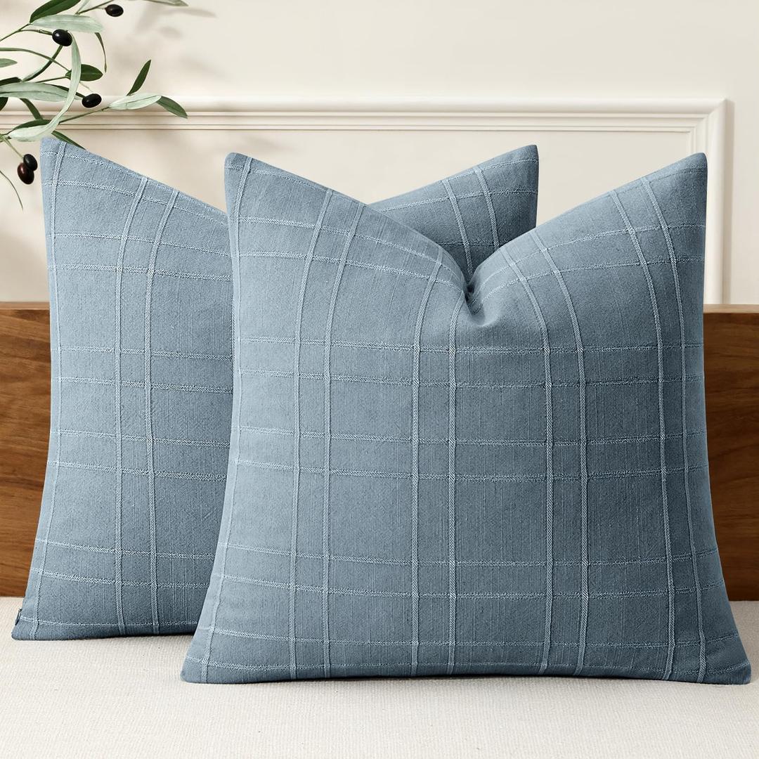 MIULEE Decorative Linen Check Euro Shams Throw Pillow Covers Neutral Farmhouse Vintage Pillow Covers 24x24 Set of 2 Boho Modern Home Decor for Sofa Couch Bedroom Cushion Blue Grey
