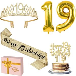 19th Birthday Decorations for Girls Gold with 19th Birthday Tiara and Sash, Cake Topper and Candles, Number Balloons, 19 Year Old Gifts for Girls