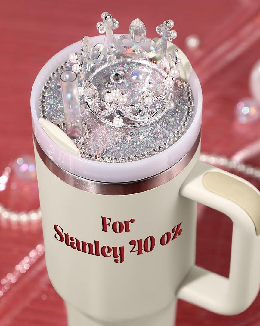 Lid Name Plate Topper for Stanley Cup 40 oz - Crown Cute Decoration Accessories for Tumbler, Water Bottle Glitter Bling Decor for Women Girls (Silver)