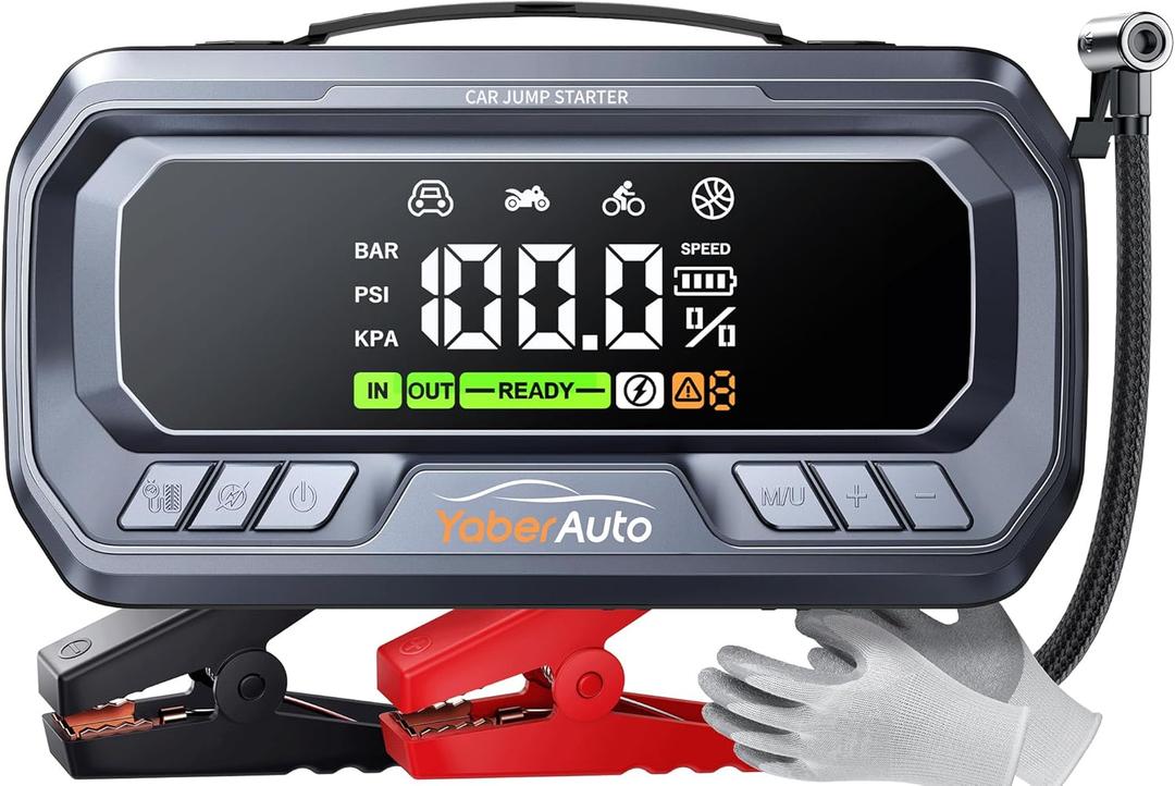 YaberAuto 12-in-1 Jump Starter with Air Compressor 8000A 160PSI 65W Charging, Portable Car Battery Jump Starter (All Gas/14L Diesel) Jump Box Car Battery Jumper Starter Portable Jumper Cables, 160W DC