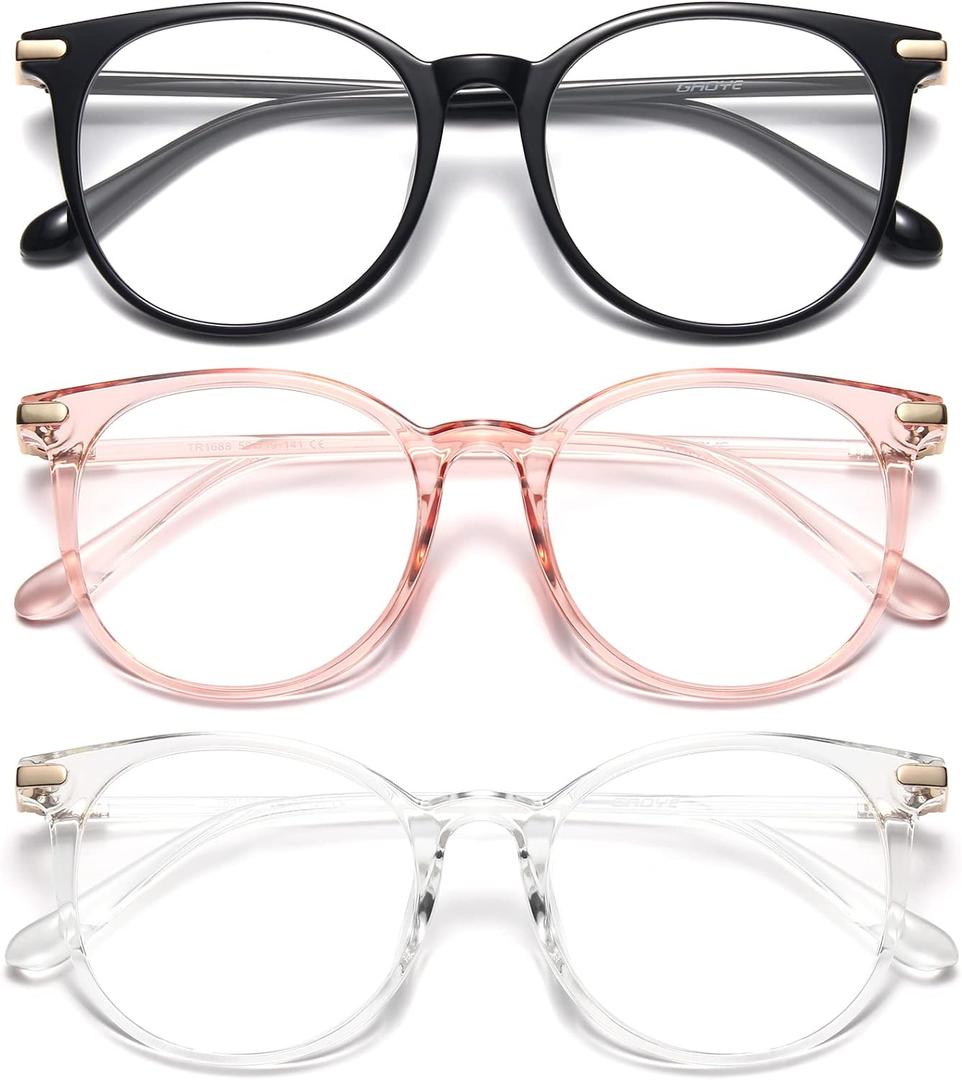 Gaoye 3 Pack Blue Light Blocking Glasses, Retro Round Eyewear Frame Anti Eyestrain Computer Glasses for Women Men - GY1688 (Black+Pink+Transparent)