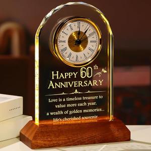 YWHL 60th Wedding Anniversary Clock Gifts for Parents Grandparents, 60 Years Anniversary Couple Gift, Table Clock Glass Presents with Wooden Light Base for Home Decoration (Battery not Included)