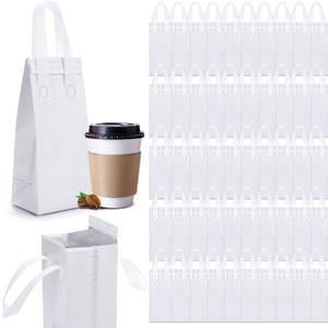 50 Pcs White Insulated Single Cup Drink Carrier Bags Bulk Thermal Insulation Take Away Bags Portable Takeout Coffee Carrier Reusable Carriers with Handle for Hot Cold Beverage