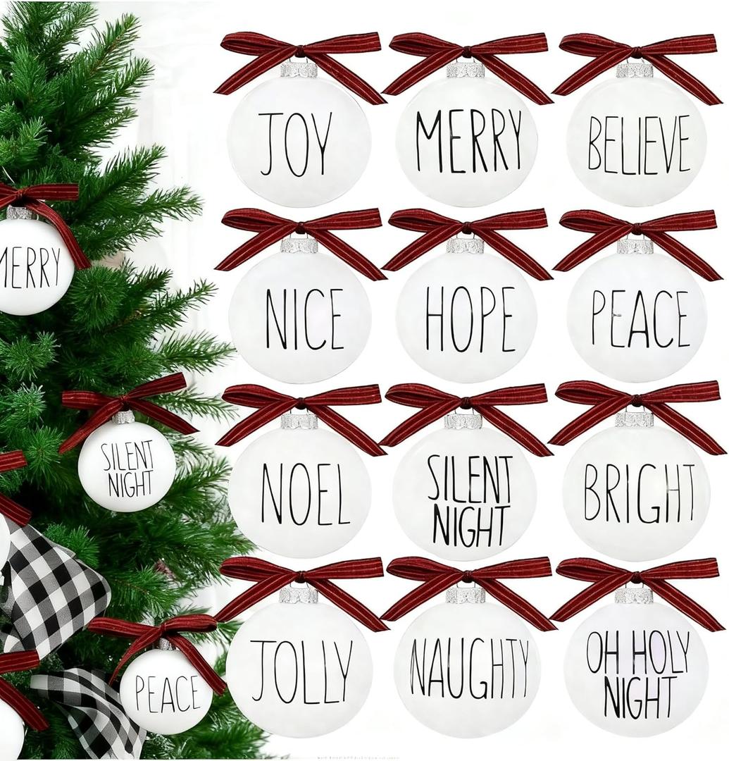 Christmas Decoration, 2.4 Inch 12PCS Farmhouse White Christmas Ornament with Buffalo Plaid Bows, Christmas Tree Decor, Set