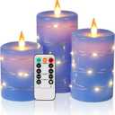 Da by Flameless Candles with String LightsBattery Operated Candles,LED Flickering Candles with Remote Control and Timer, Real Wax, 3 Pack-Blue.