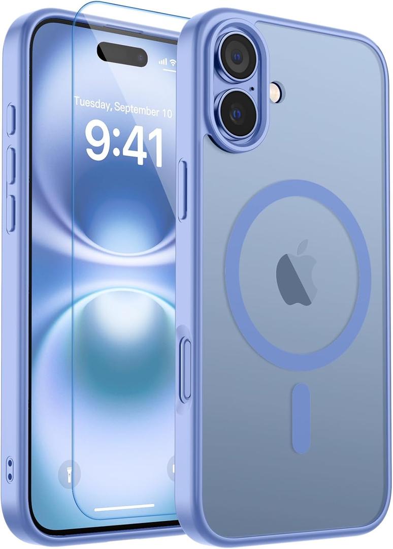 zapica Magnetic for iPhone 16 Case, [Compatible with MagSafe] [with 1 Tempered Glass Screen Protector] Translucent Matte Shockproof Anti-Scratch Phone Cover, Blue Purple