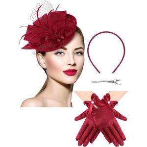 Geyoga 50s Fascinator Hat for Women Funeral Veil Hat Pillbox Cocktail Tea Party Headpiece and Lace Glove
