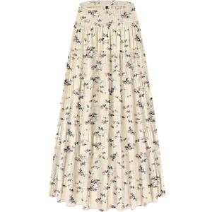 CYiNu Women's Chiffon Elastic High Waist Tiered Pleated Floral Printed A-Line Boho Long Maxi Skirts (Color: Brown Floral Light Beige, Large)
