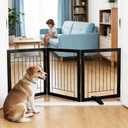 ZJSF Freestanding Dog Gate Indoor, Foldable Dog Fence for Doorways,Hallways or Stairs, Sturdy Wood Extra Wide Pet Gate with Support Feet,Brown,24 "Height-4 Panels