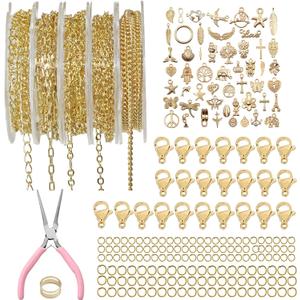 XKCWXY 14K Gold Chain for Jewelry Making,16.4 ft 5 Rolls Jewelry Chains Bulk for DIY Necklace Bracelet Making Accessories with Charm Pendants Jump Rings Lobster Clasps Pliers