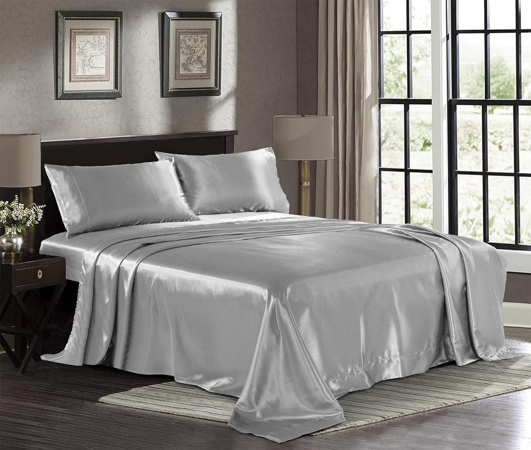 Pure Bedding Satin Sheets Queen [4-Piece, Silver] Hotel Luxury Silky Bed Sheets - Extra Soft 1800 Microfiber Sheet Set, Wrinkle, Fade, Deep Pocket Fitted Sheet, Flat Sheet, Pillow Cases