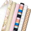 Hallmark Wrapping Paper with Cutlines on Reverse (6 Rolls: 135 Square Feet Total) Pink, Gold, Stripes, Kraft Brown, Black and White Plaid for Birthdays, Baby Showers, Bridal Showers