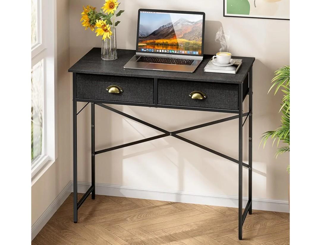 Black Writing Desk for Kids Bedroom, 31.5 Inch Small Computer Desk for Small Spaces, Simple Desk with 2 Fabric Drawers for Home Office, Dorm, Living Room, Home Study Table, Black