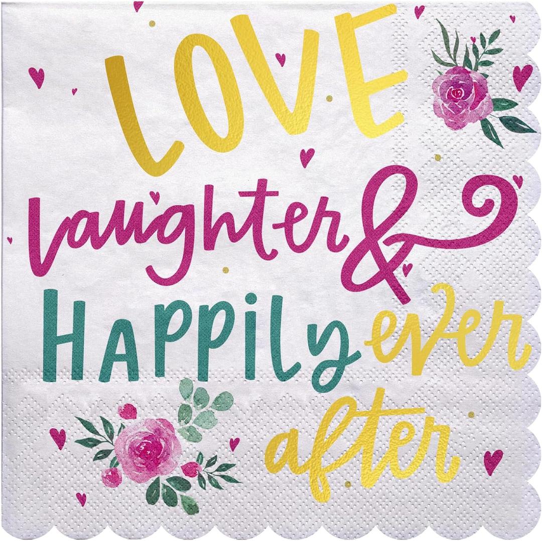 2 x LeZakaa 50Pcs Wedding Napkins-Love,Laughter,Happily Ever AfterLettering Gold Foil Design 3 Ply Disposable Paper Napkin Bridal Shower Tableware Party Supplies for Wedding, Engagement-6.5x6.5" Folded